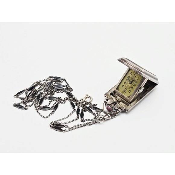 Jewelry - Vintage Art Deco Sterling Silver Black & Purple Enamel Pendant Watch Necklace